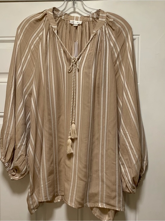 Gemma and Jane Tops - Striped Tassel Tie Beige Tunic Blouse
